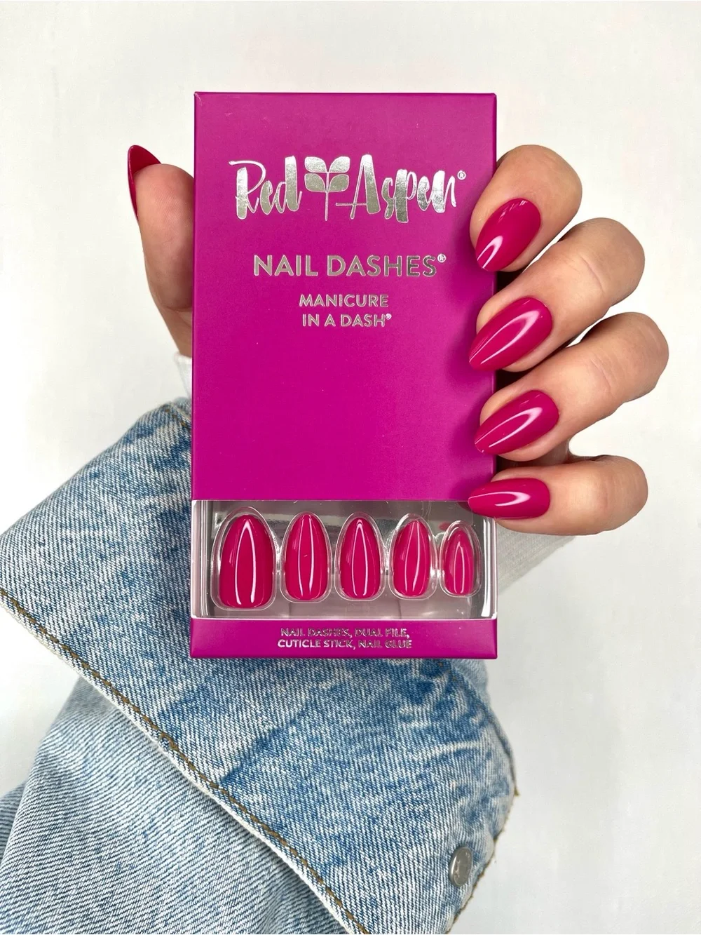 Red Aspen Nail Dashes Press-On Nails — Vibrant Pink Almond Set